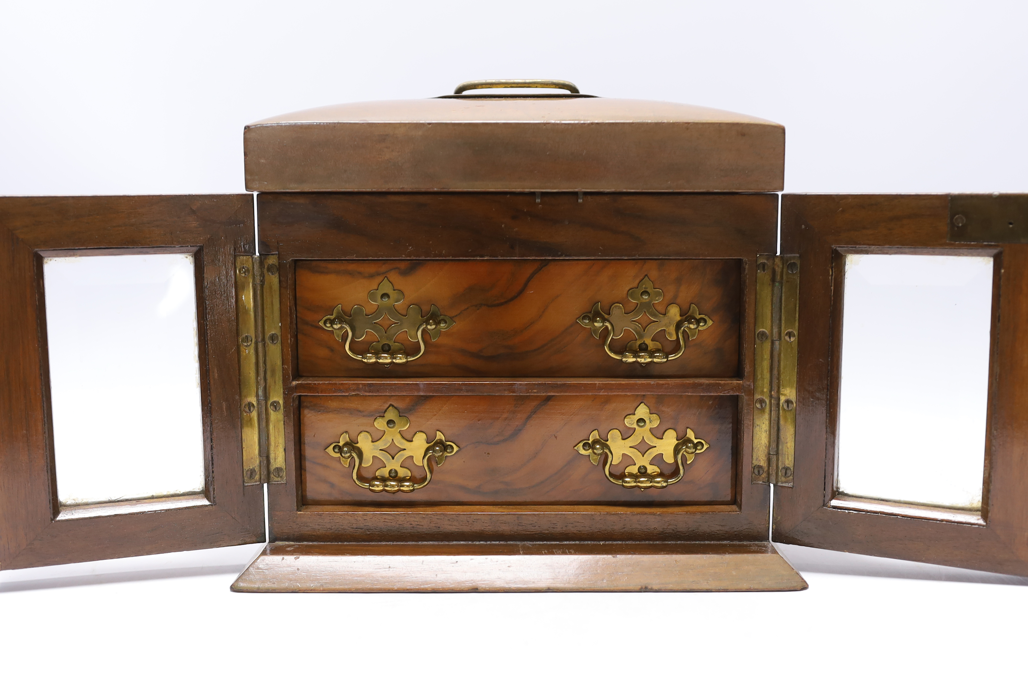 A Victorian walnut two drawer and two glazed door jewellery cabinet, 25cm wide x 20cm high